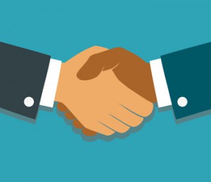 Vector handshake illustration. Background for business and finance. Flat style.